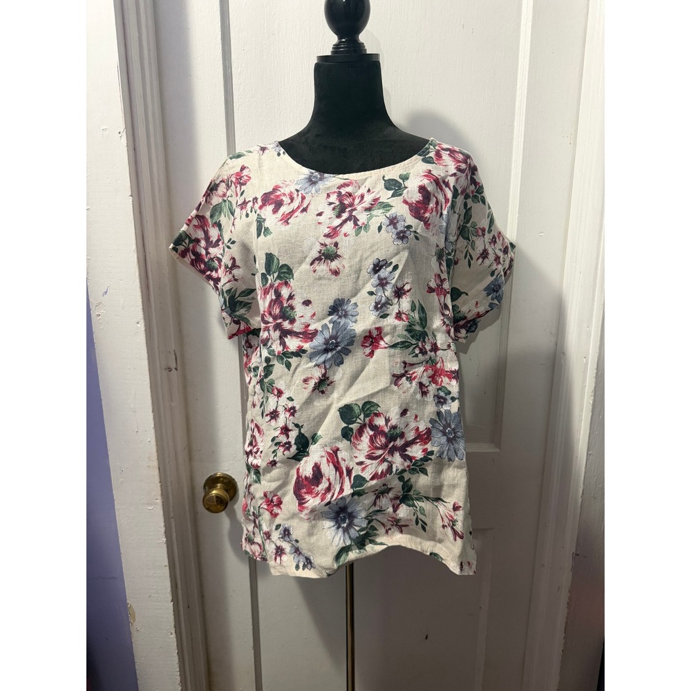 Bellambra 100% Linen Beige Floral Short Sleeve Top Made in Italy Women Medium